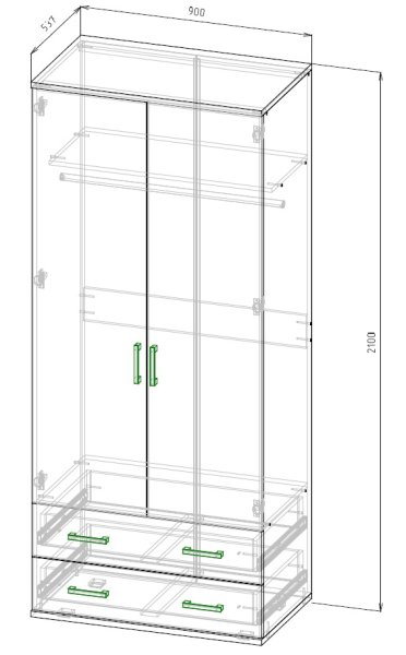 Шкаф Домино, платяной, на комоде, створки: 2, 2100*540*900 (, 2 дв.2 ящ., ниша: Нет, корпус: венге, фасад: ЛДСП Классика дуб паллада, в разобранном виде)