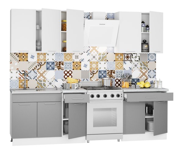 Кухонный Комплект Венеция 6, прямой, размер 2000* (, Корпус:белый кристалл, фасад: ЛДСП Премиум, белый кристалл/серый камень, 6пр, в пакетах)