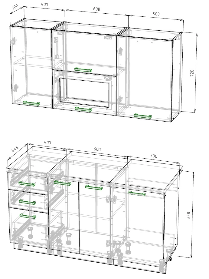 Кухонный Комплект Эмилия 3, прямой, размер 1500* (, Корпус:белый, фасад: МДФ, эмаль лесная, 6пр, в пакетах)