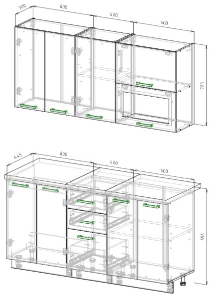 Кухонный Комплект Эмилия 4, прямой, размер 1600* (, Корпус:белый, фасад: МДФ, эмаль лесная, 6пр, в пакетах)